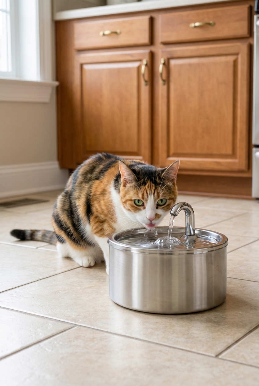 A cat drinking from a stainless steel water fountain on a kitchen floor