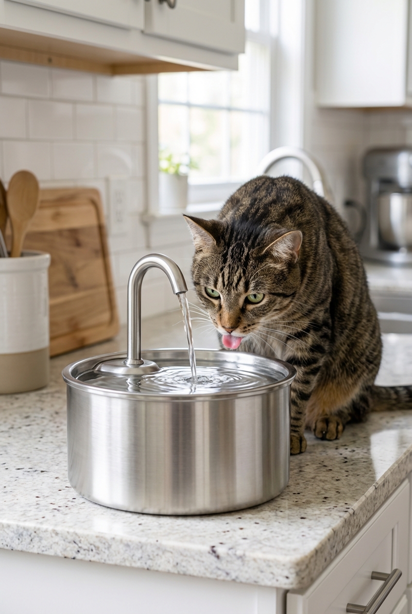 A cat drinking from a stainless steel water fountain in a kitchen