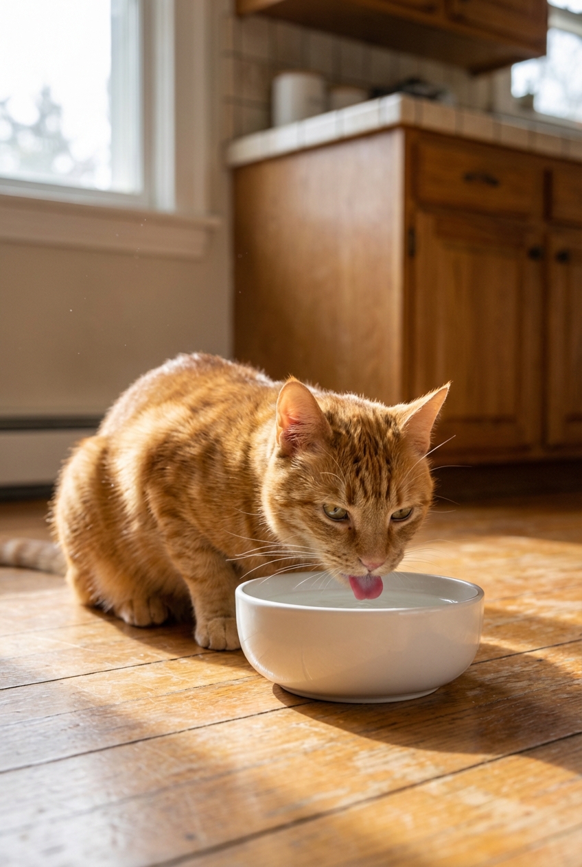 A cat drinking from a white ceramic water bowl on a kitchen floor