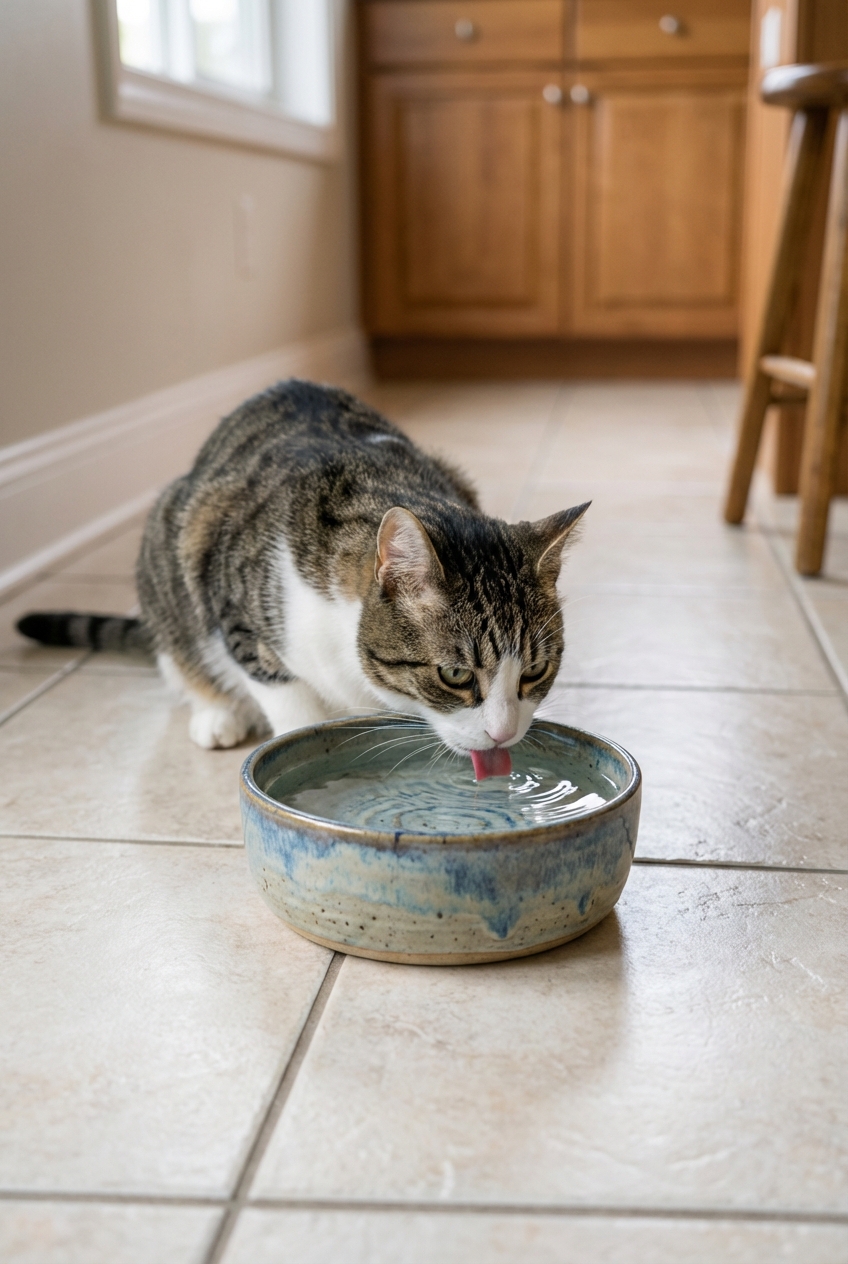 A cat drinking water from a ceramic bowl on a kitchen floor