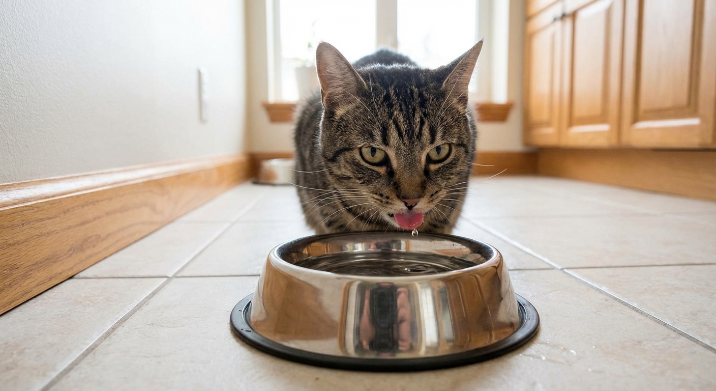 A cat drinking water from a stainless steel bowl on a kitchen floor