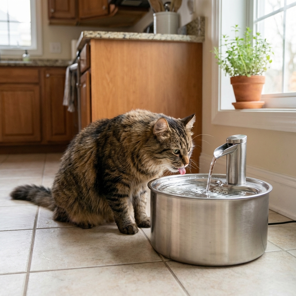 A cat drinking water from a stainless steel pet fountain in a kitchen