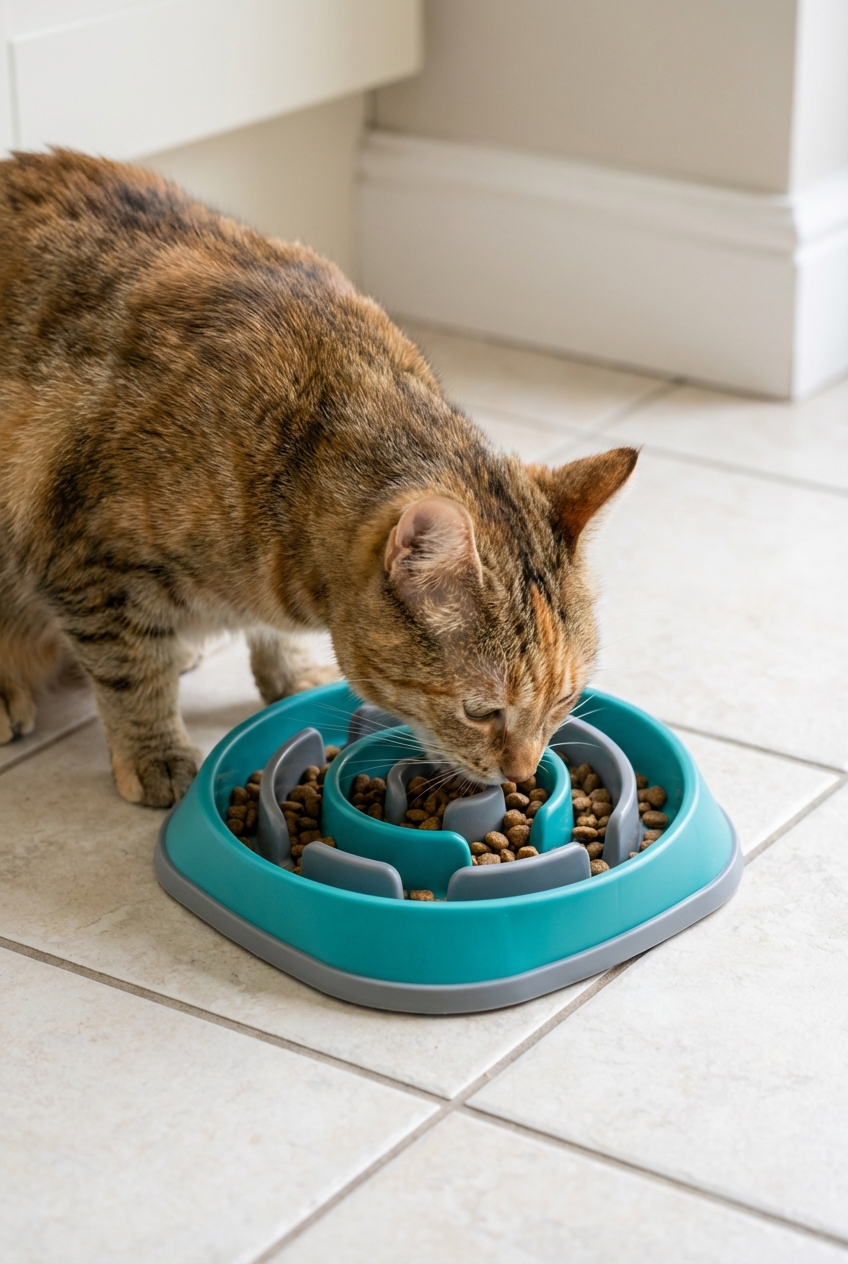 A cat eating dry food from a shallow slow feeder on a tiled floor