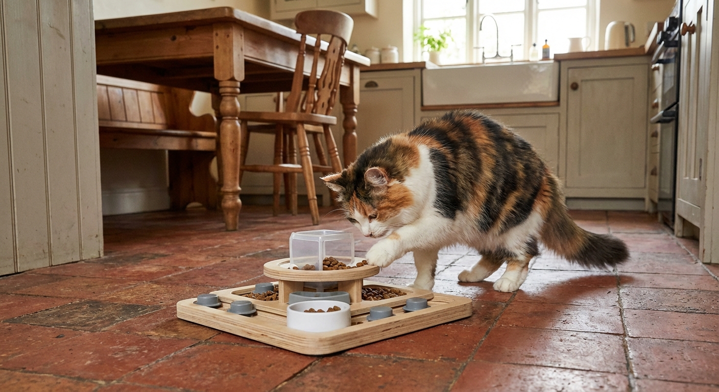 A cat eating from a puzzle feeder on a kitchen floor