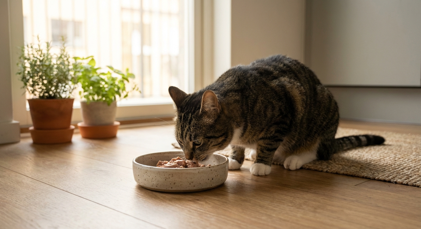 A cat eating wet food from a ceramic bowl in a quiet kitchen with soft natural light