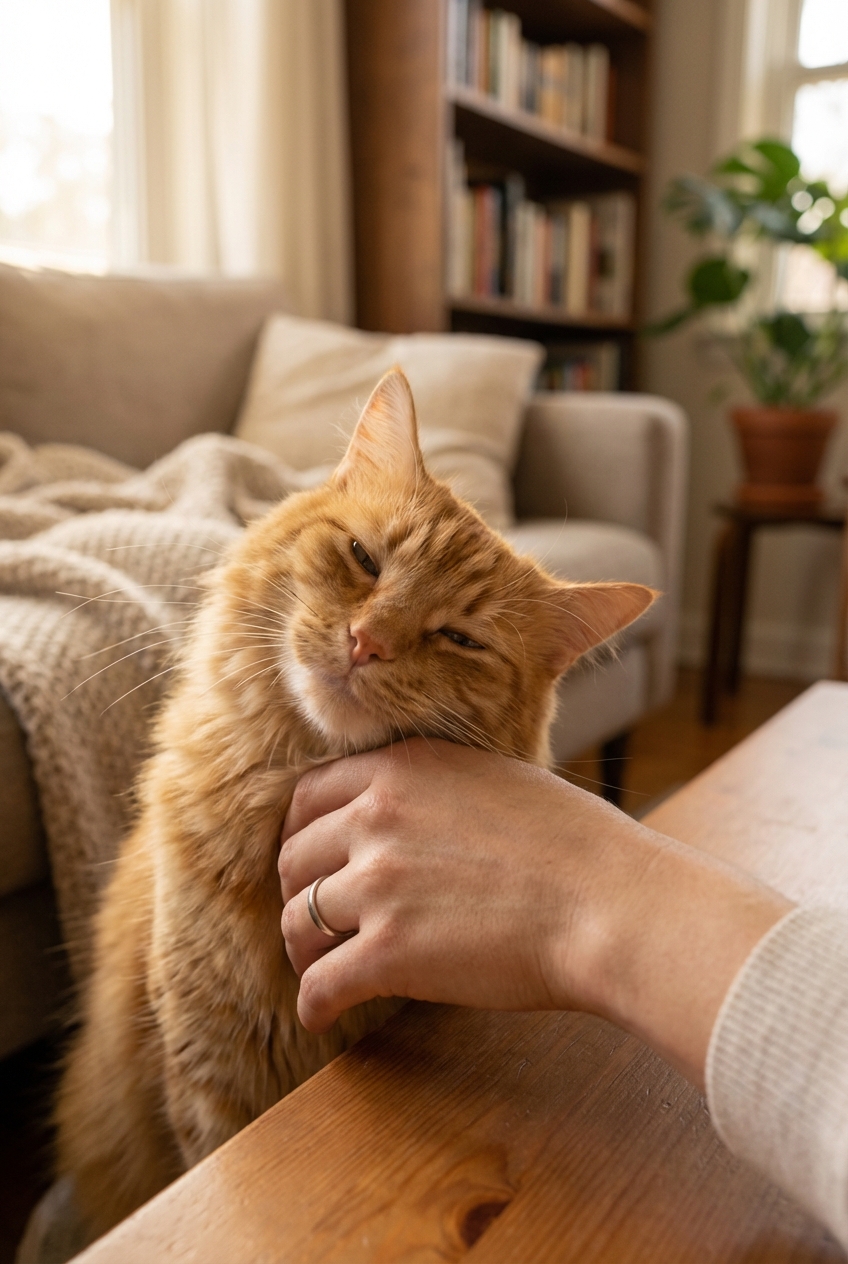 A cat gently rubbing its cheek against a person’s hand in a calm indoor setting