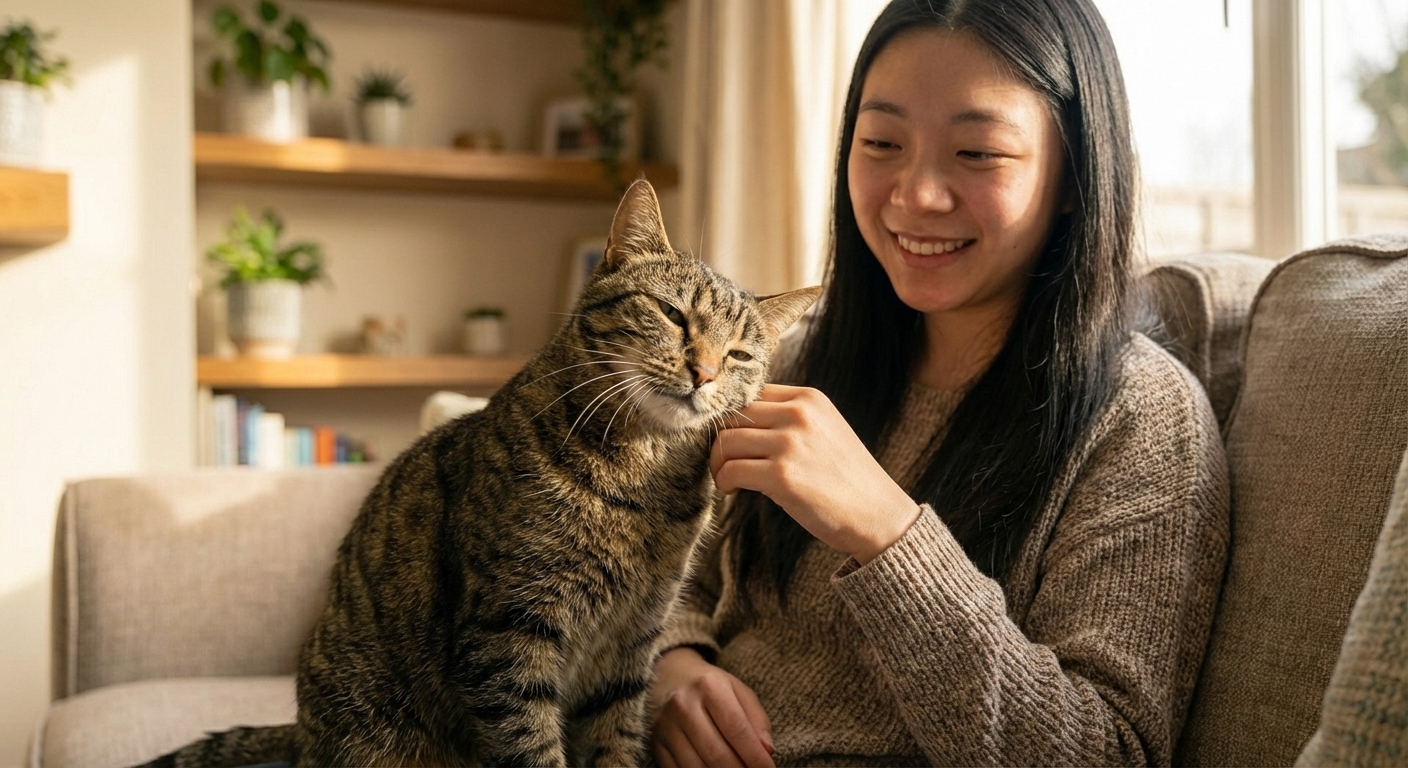 A cat gently rubbing its cheek against a person’s hand on a couch