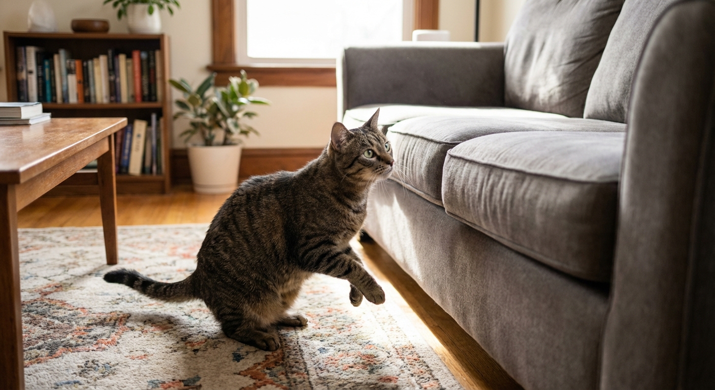A cat hesitating before jumping onto a couch in a home