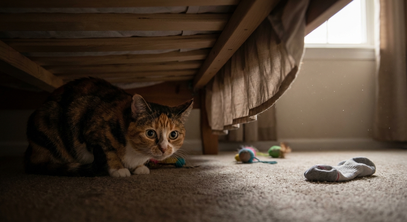 A cat hiding under a bed in a quiet bedroom