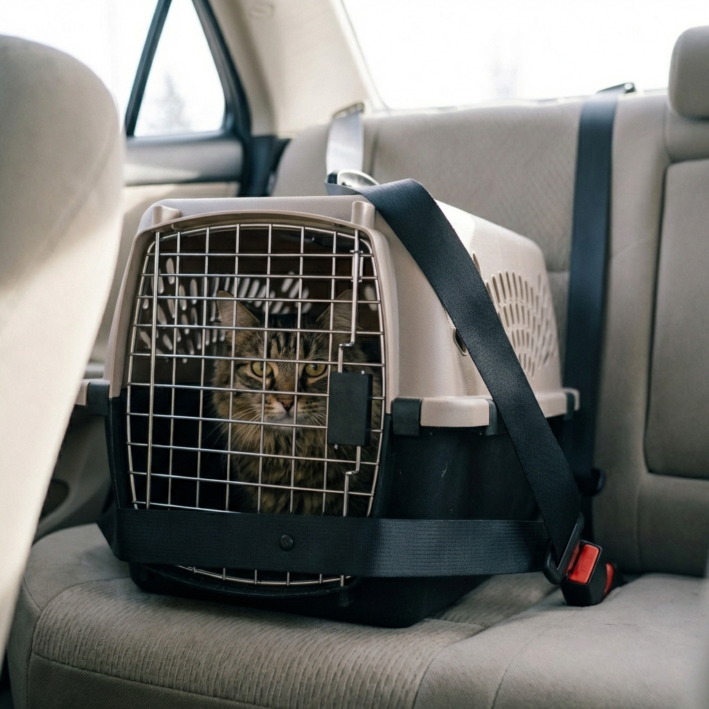 A cat in a carrier on a car seat with a seat belt around the carrier