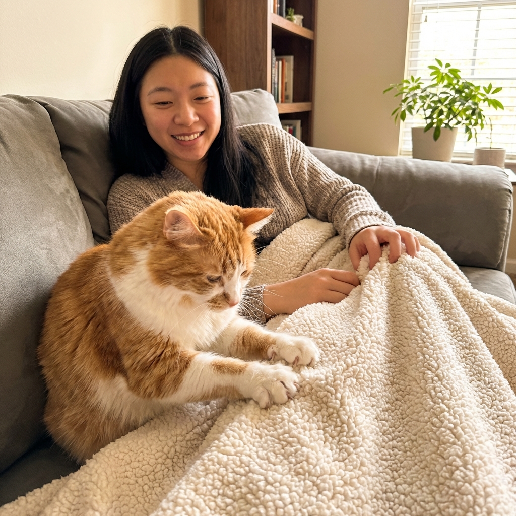 A cat kneading a soft fleece blanket beside an owner on a couch