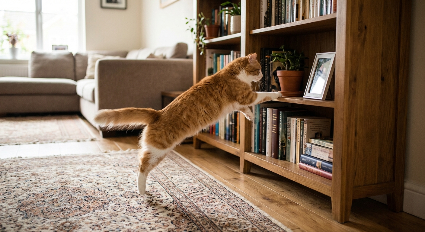 A cat launching from a carpeted floor toward a sturdy wooden bookshelf in a living room