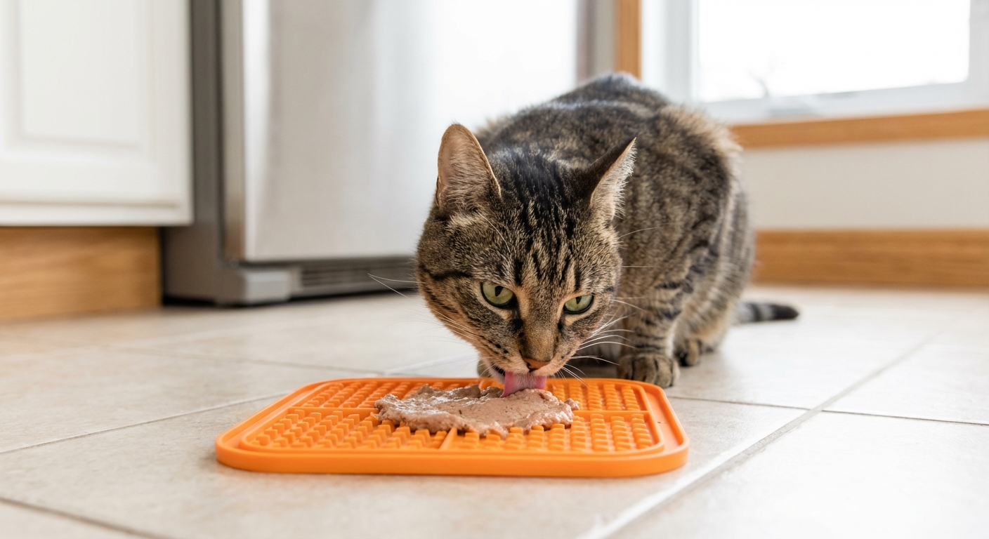 A cat licking wet food from a silicone lick mat on a kitchen floor