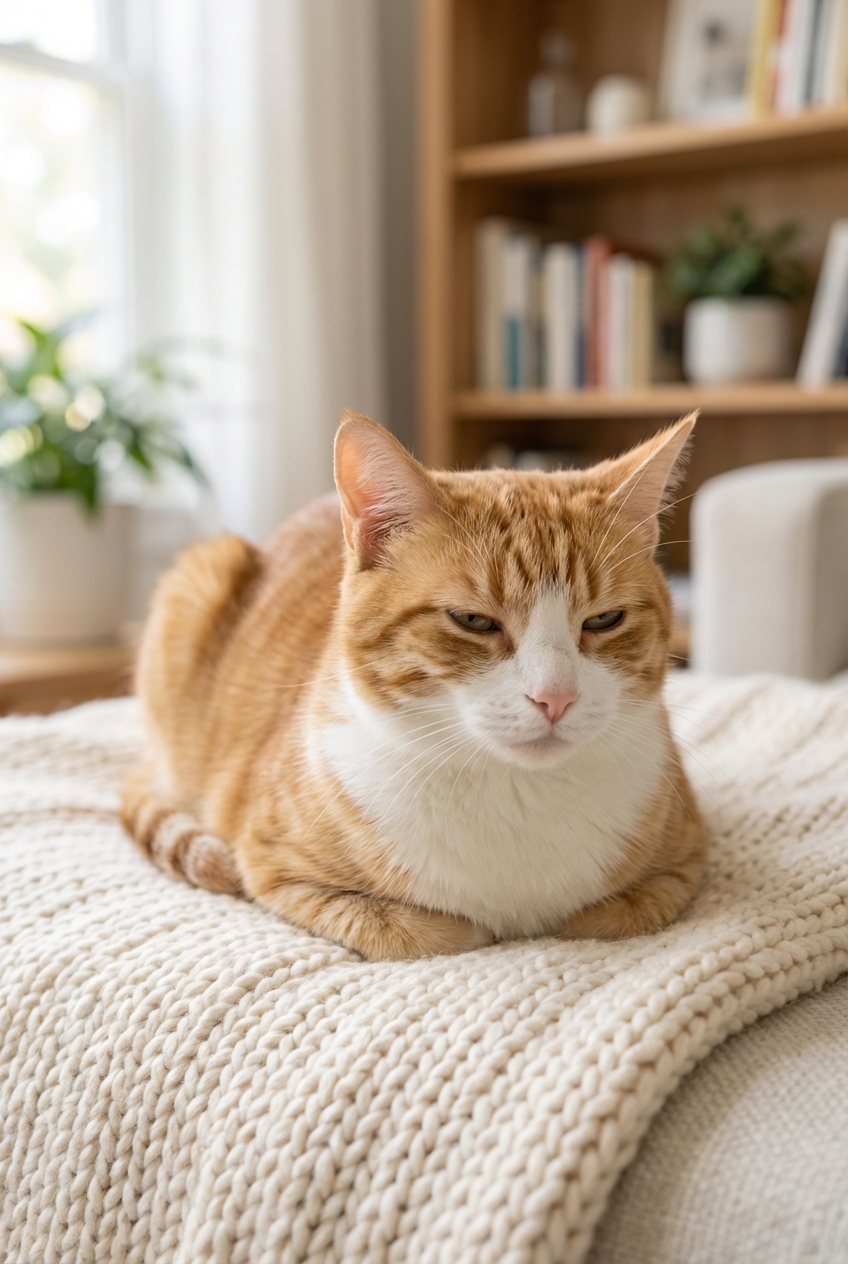 A cat loafing on a soft blanket in a quiet living room with relaxed ears and half-closed eyes