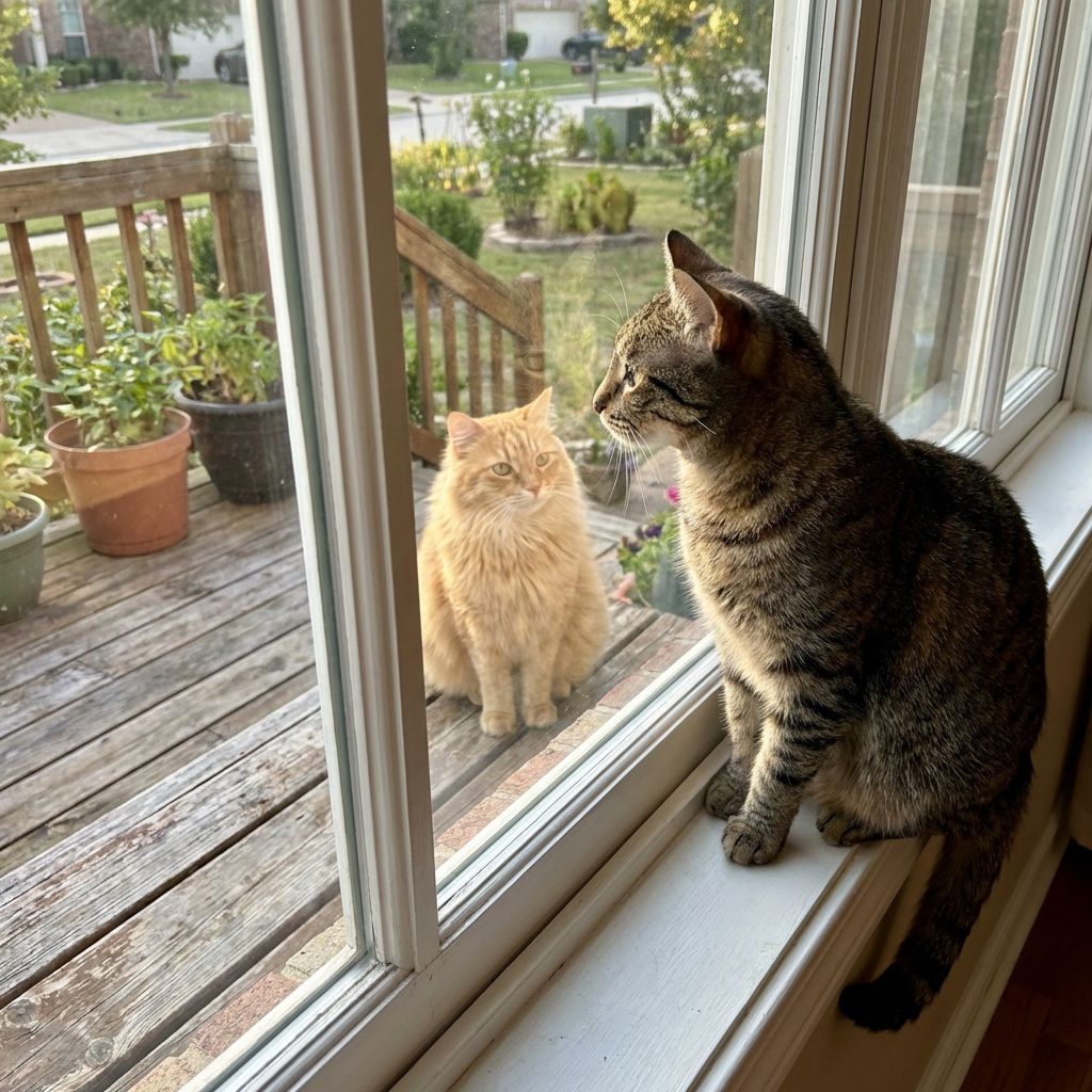 A cat looking out a window at another cat outside on a porch in daylight