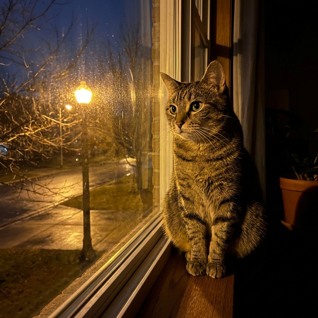 A cat looking out a window at night with streetlight glow on the glass