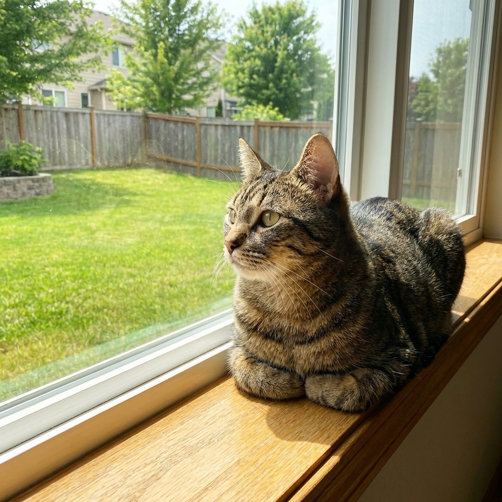 A cat looking out a window toward the yard during daylight