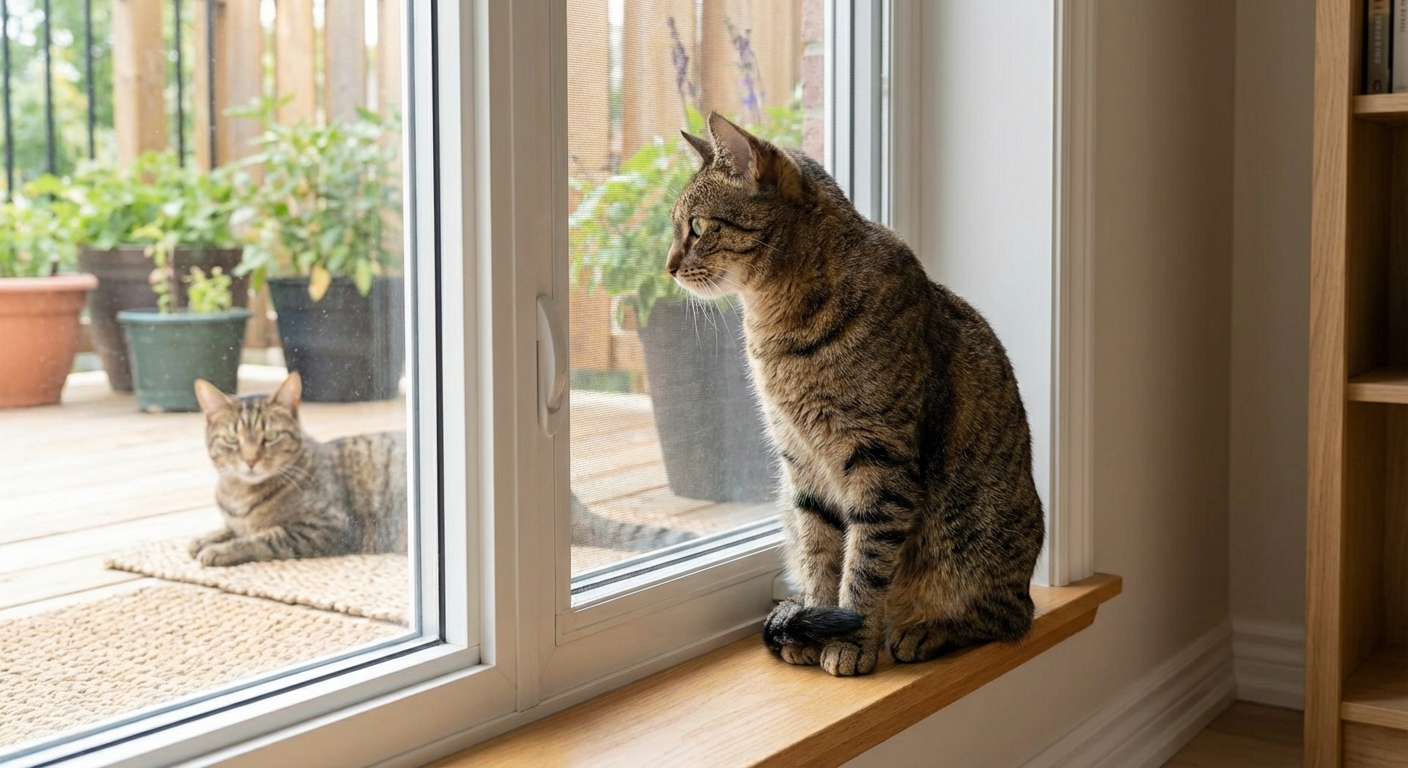 A cat looking out a window with another cat visible outside on a patio