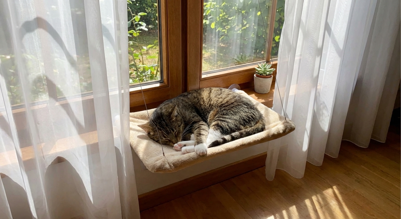 A cat lounging on a shaded window perch with sheer curtains filtering sunlight