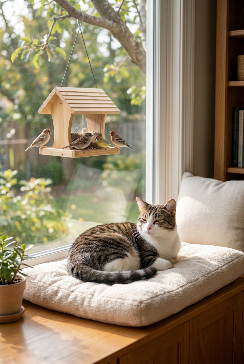A cat lounging on a window perch indoors while a bird feeder hangs outside in the background