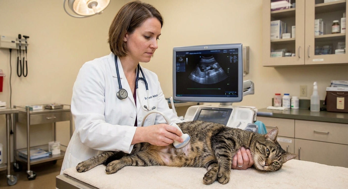 A cat lying calmly on its side while a veterinarian performs an abdominal ultrasound with gel and a handheld probe in a veterinary clinic, photorealistic medical scene