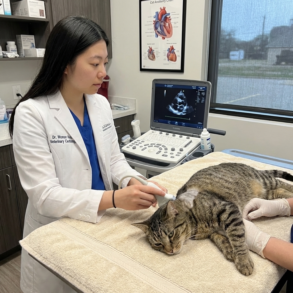 A cat lying gently on its side on a padded table while a veterinary cardiologist performs an echocardiogram with an ultrasound probe