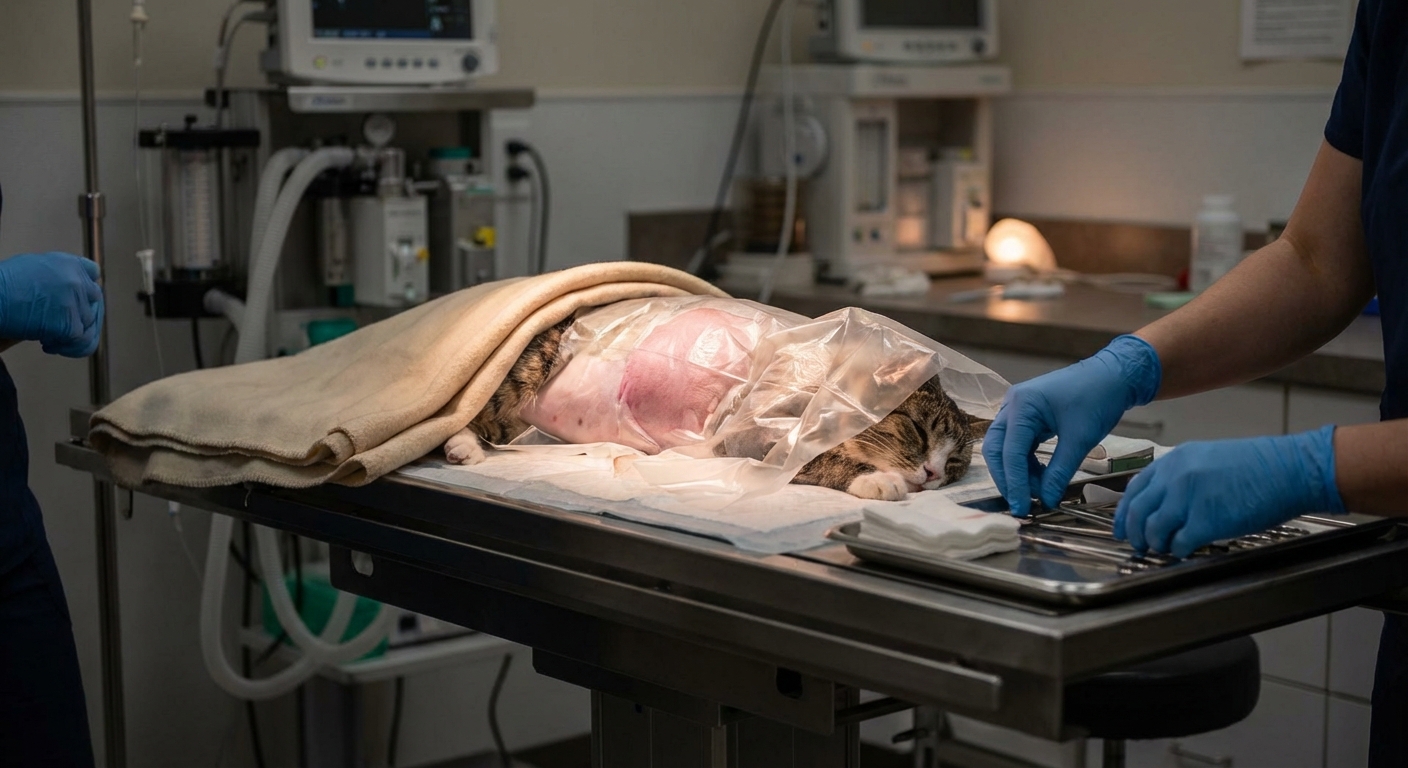 A cat lying on a padded surgical table with a shaved abdomen in a sterile veterinary operating room, softly lit, with gloved hands preparing equipment, realistic photography