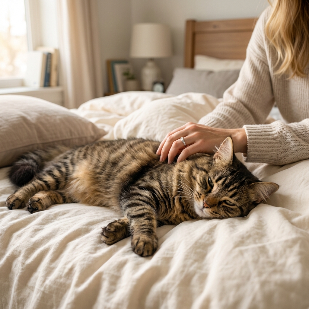 A cat lying on her side on a bed while a person gently pets her