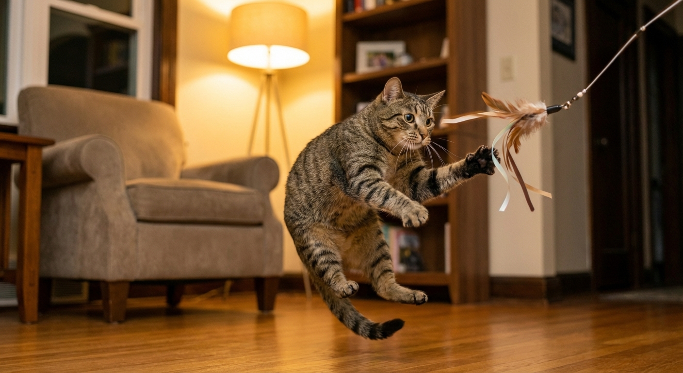 A cat mid-pounce chasing a wand toy in a living room under warm light