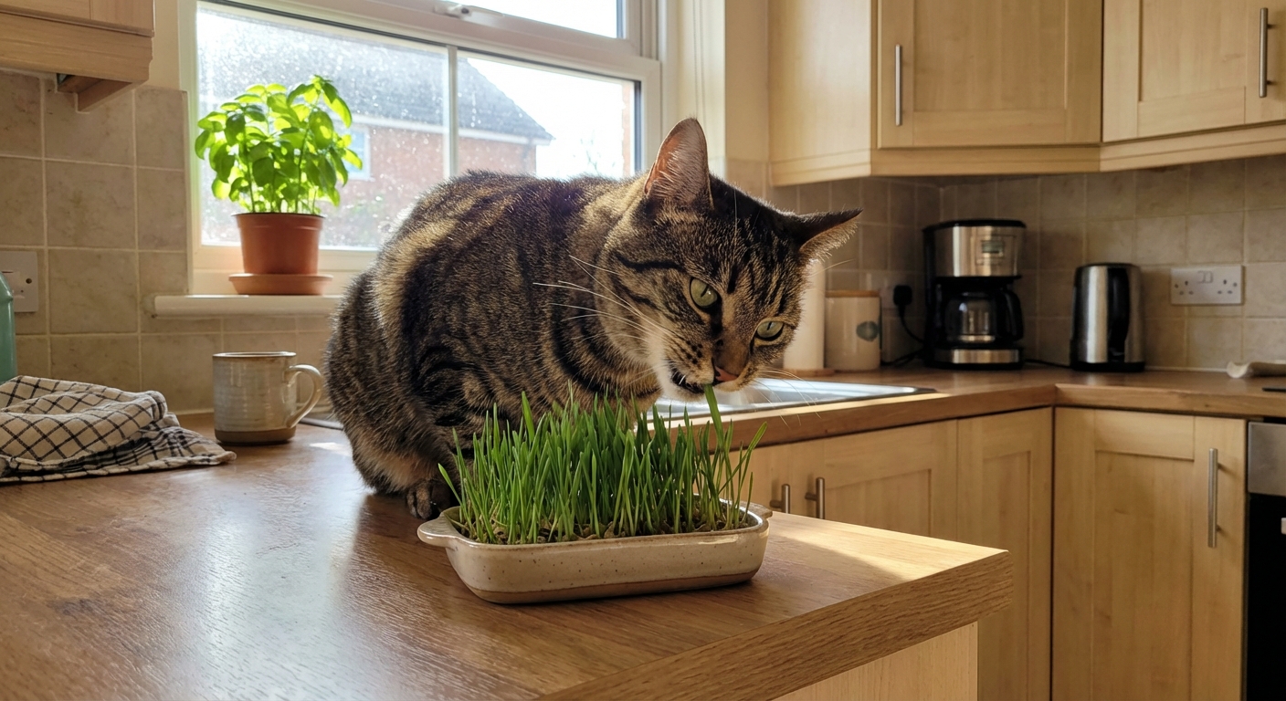 A cat nibbling a small tray of fresh cat grass in a kitchen