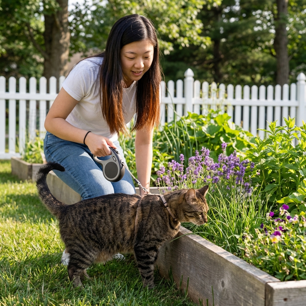 A cat on a leash sniffing grass near a quiet garden bed while a person holds the leash loosely