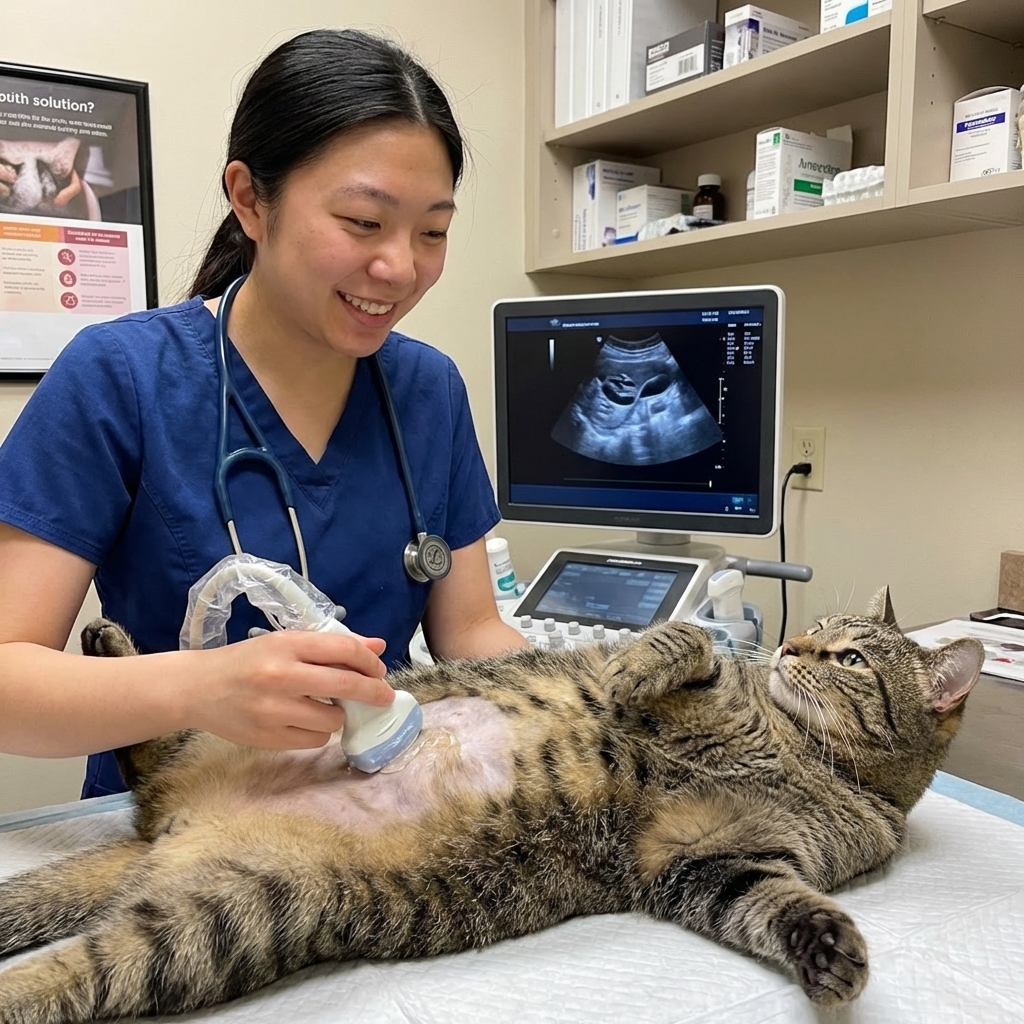 A cat on its back during an abdominal ultrasound while a clinician scans the belly