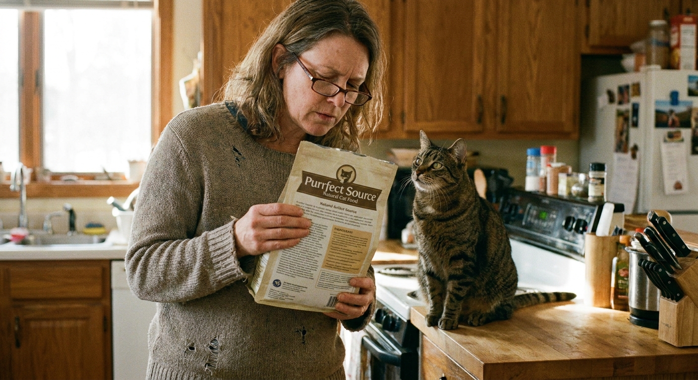 A cat owner holding a bag of cat food and reading the ingredient list while a tabby cat waits nearby