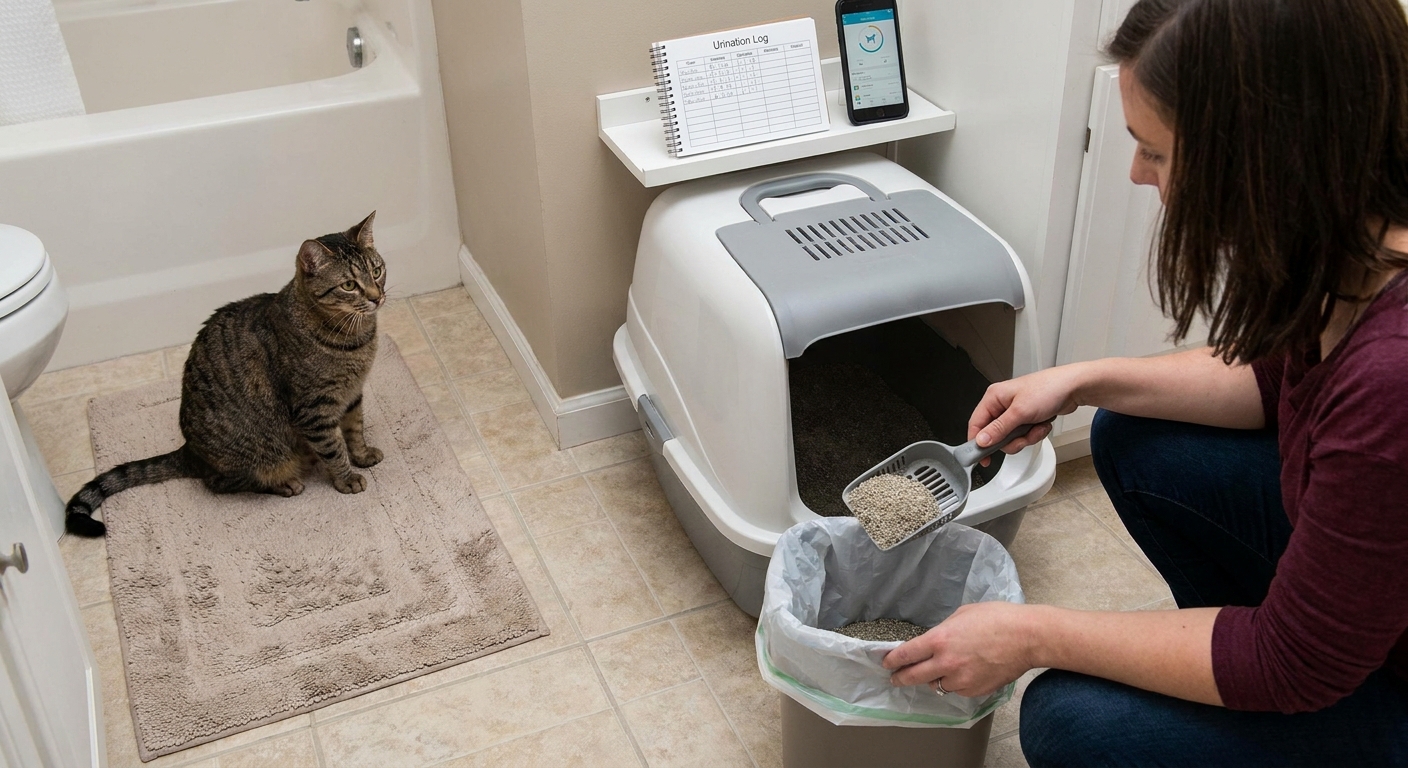 A cat owner scooping clumps from a litter box while a cat waits nearby, showing at-home monitoring of urination