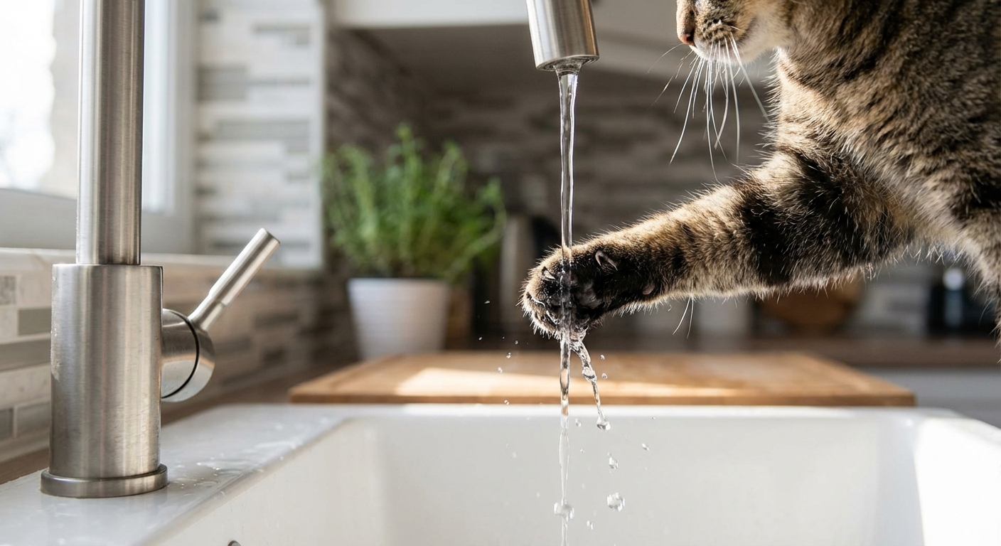 A cat paw reaching toward a thin stream of water running from a kitchen faucet into a sink