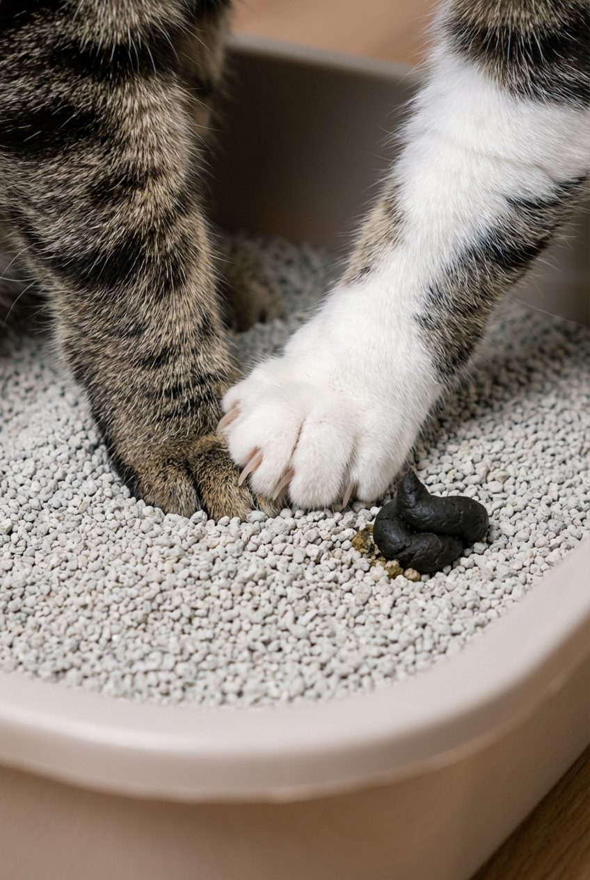 A cat paw touching clean unscented litter beside a fresh stool in a litter box