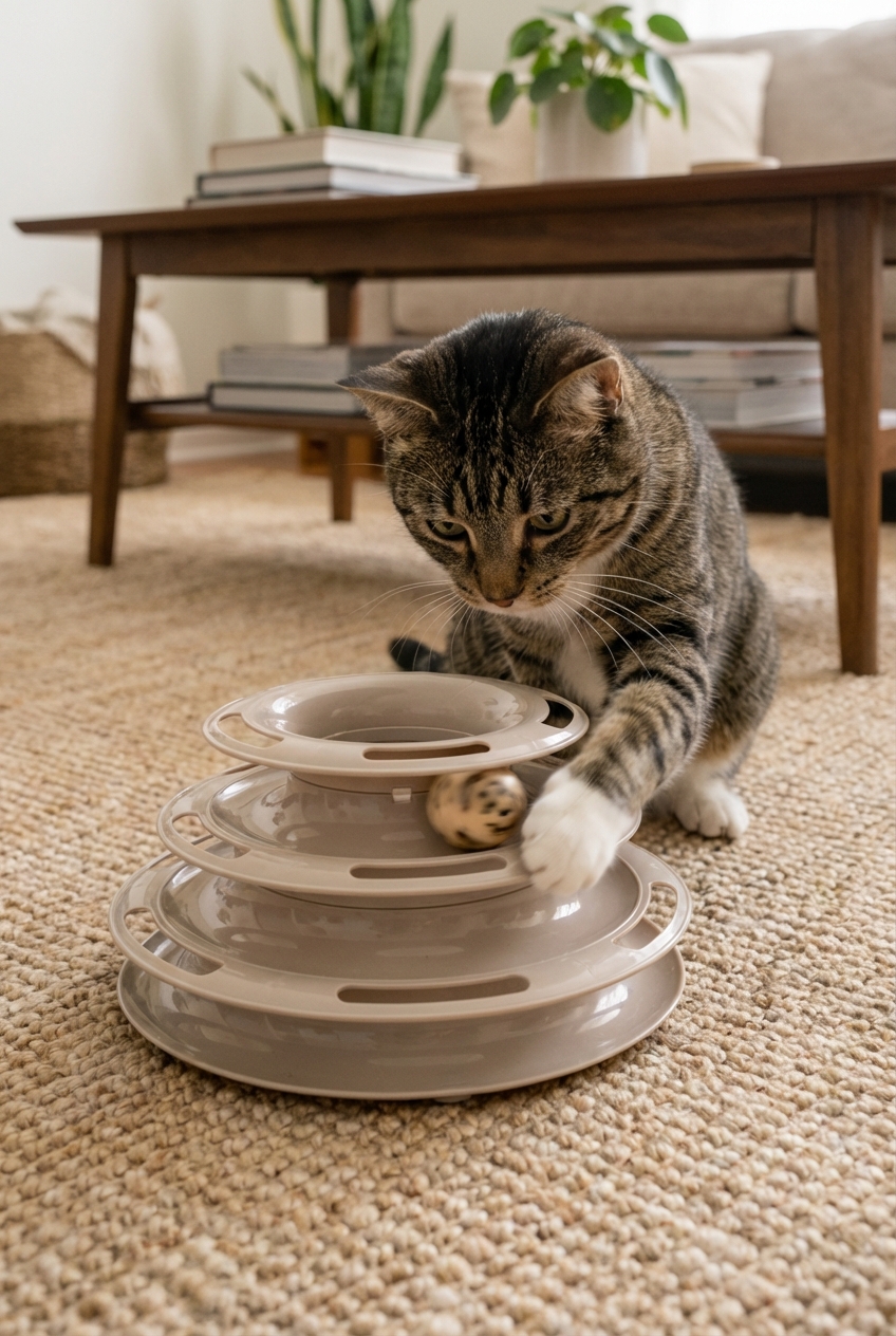 A cat pawing a ball in a circular track toy on a living room rug