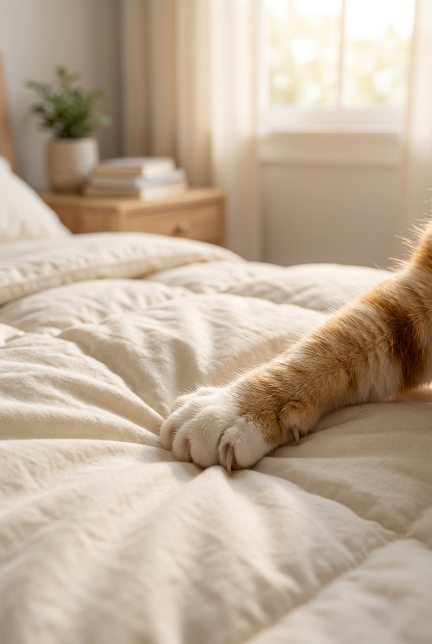 A cat pawing at a comforter on a bed in a calm bedroom