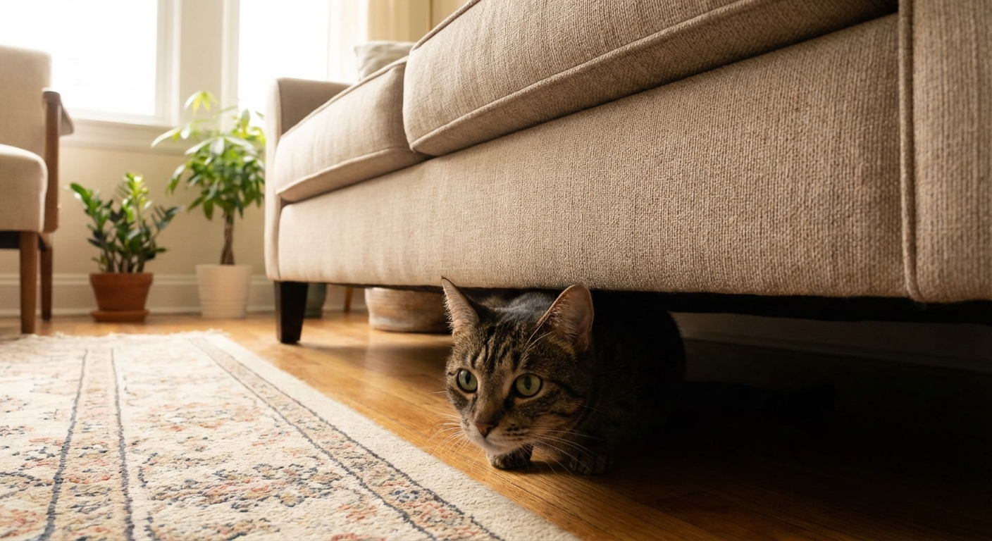 A cat peeking from a hiding spot under a couch in a calm home environment