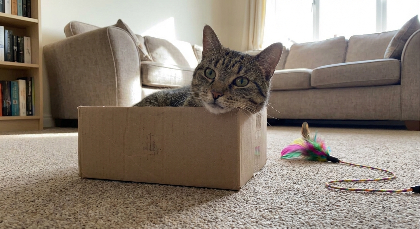 A cat peeking out from a cardboard box with a wand toy nearby on a carpet