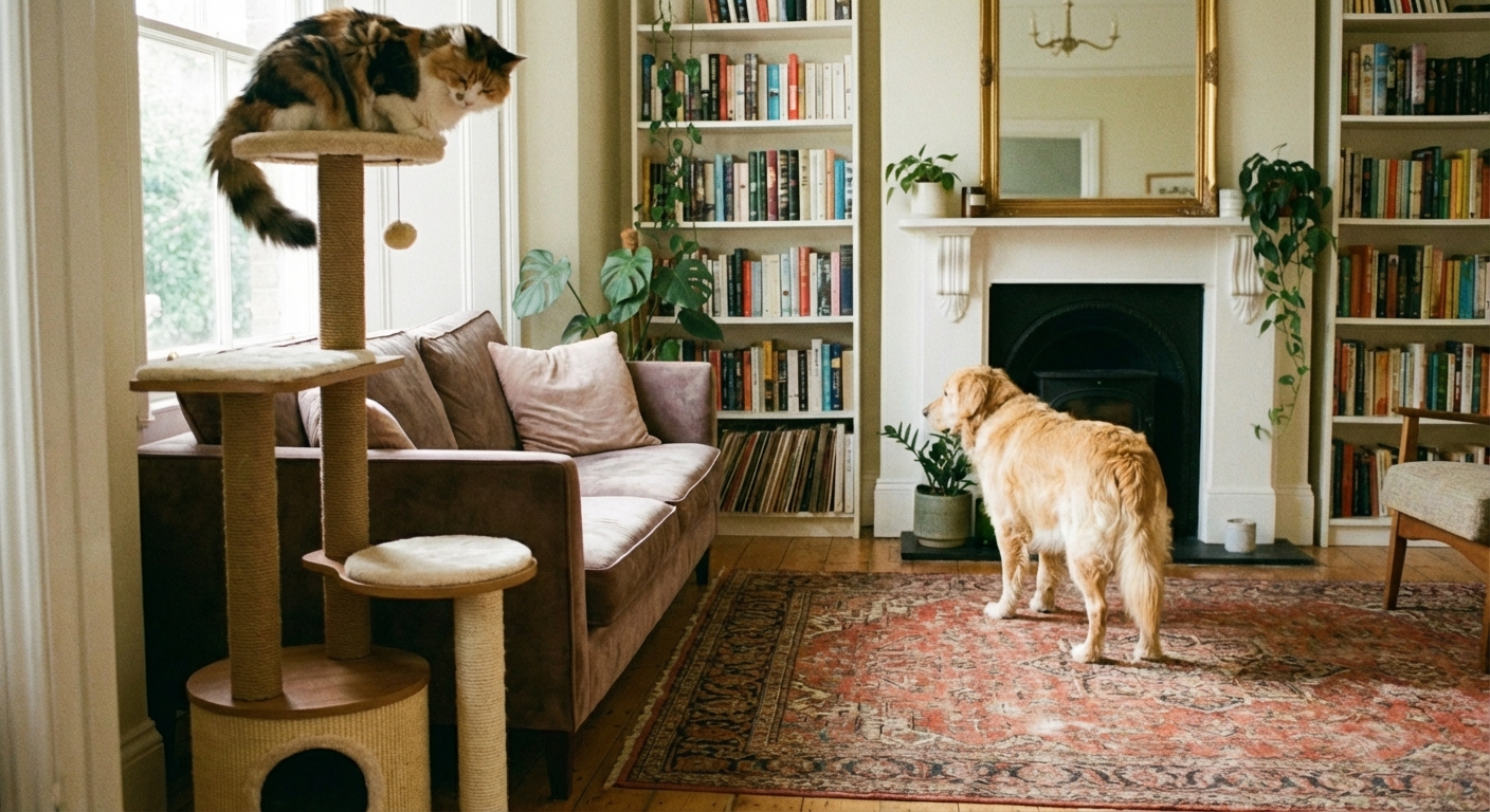 A cat perched on a tall cat tree while a dog looks away in the background