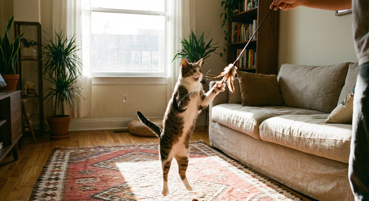 A cat playing with a feather wand toy in a bright living room