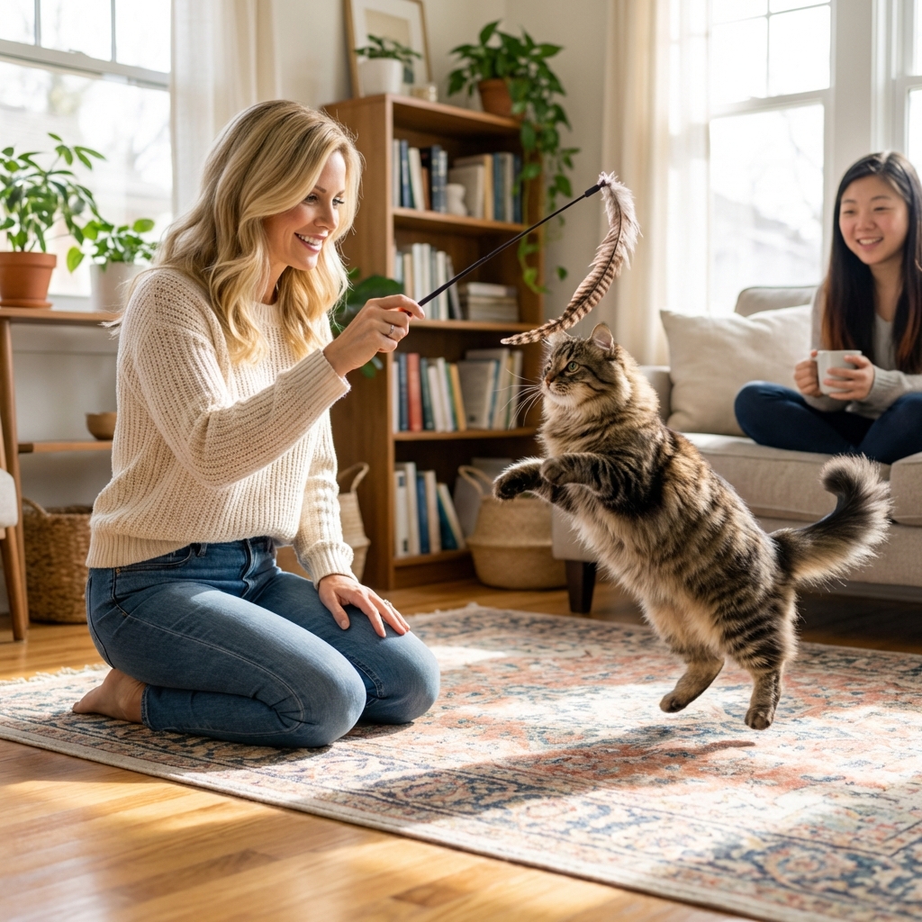 A cat playing with a feather wand toy on a living room floor while a person kneels nearby