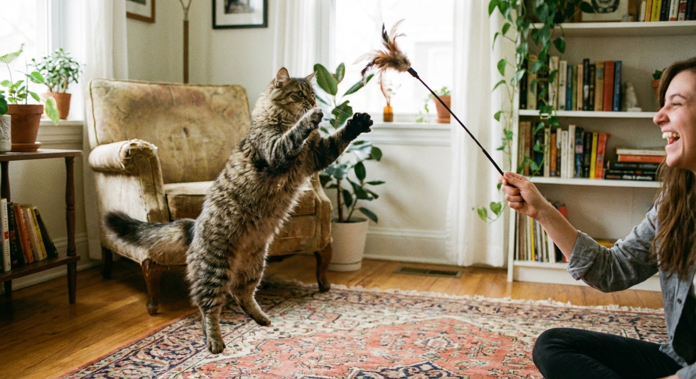 A cat pouncing on a feather wand toy held by a person in a living room