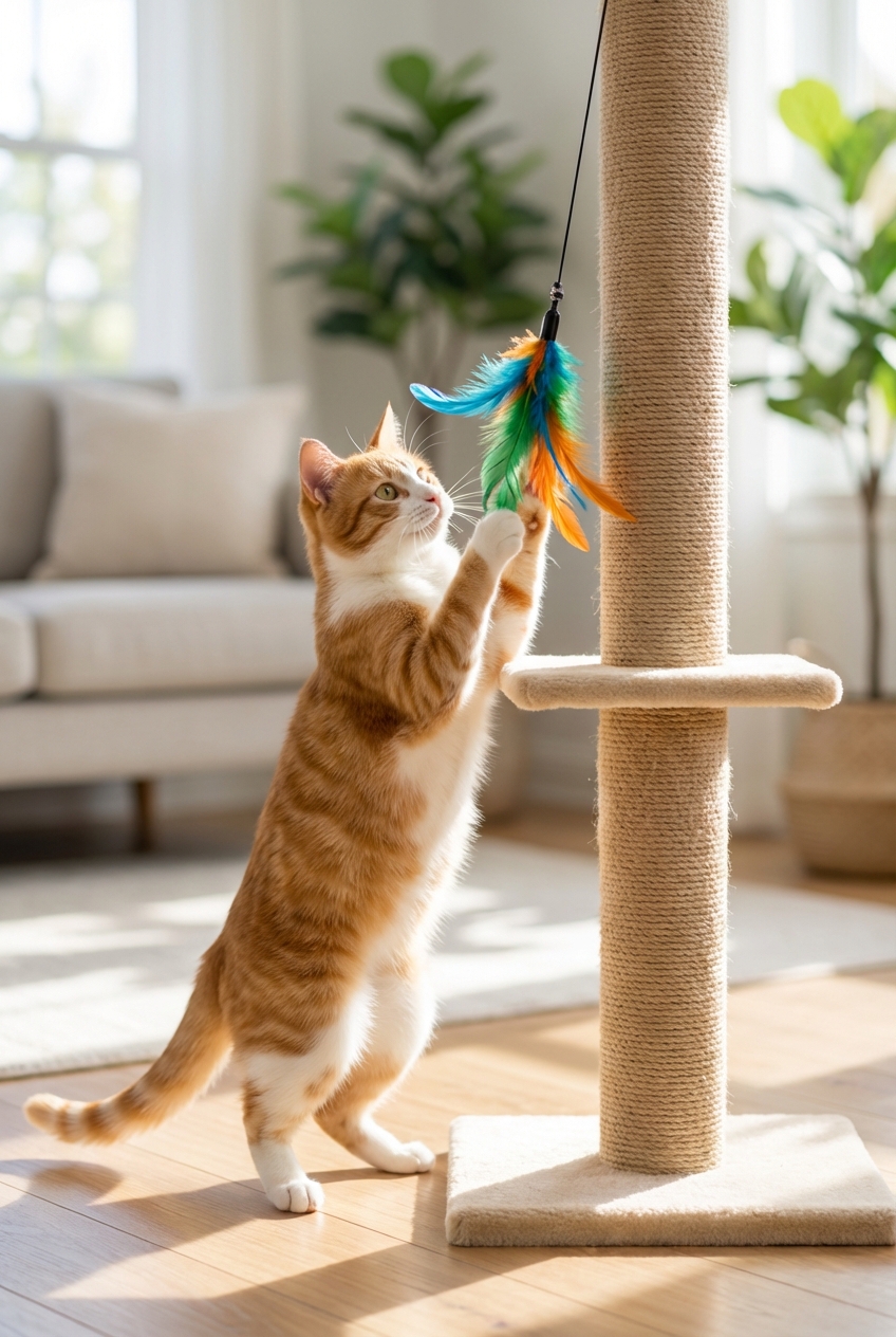 A cat reaching for a feather wand toy while standing near a scratching post