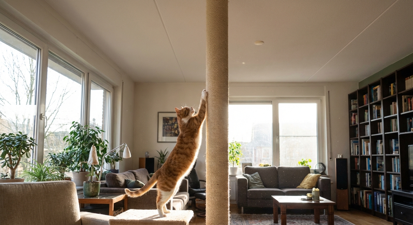 A cat reaching up to scratch a tall scratching post in a bright living room