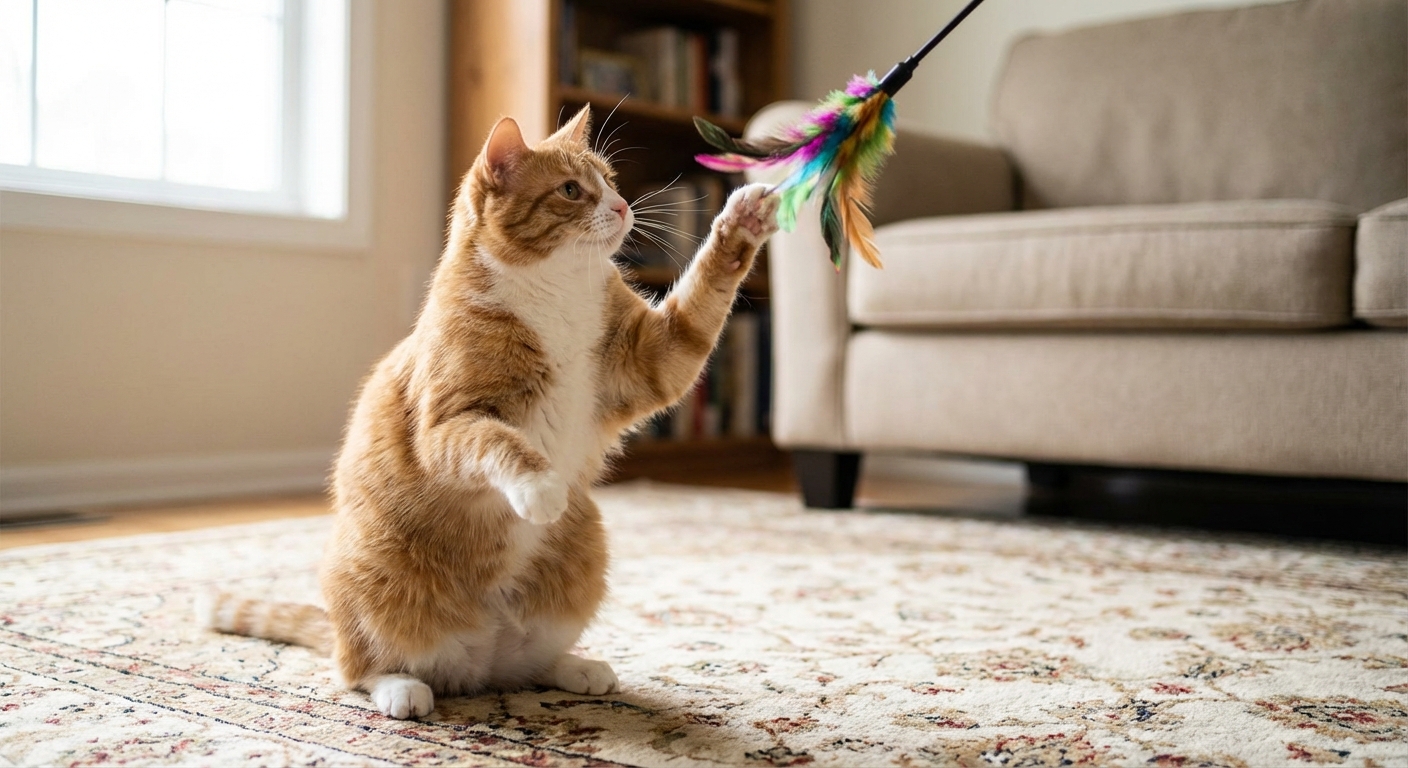 A cat reaching up to swat a feather wand toy while standing on a living room rug
