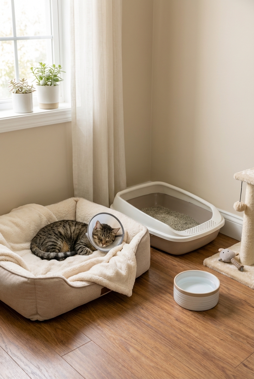 A cat recovery area with a low bed, litter box, and water bowl in a quiet room