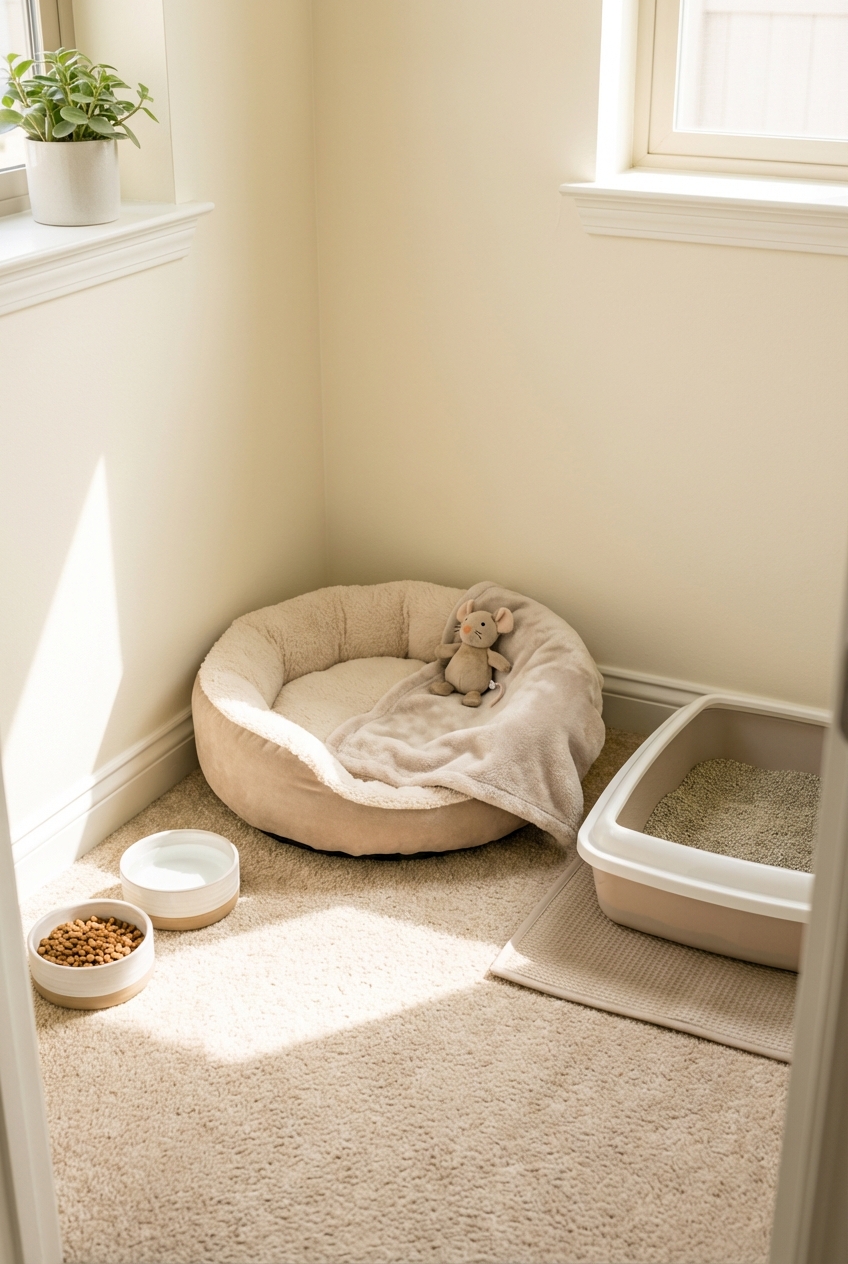 A cat recovery setup in a small room with a low litter box, food and water bowls, and a cozy bed