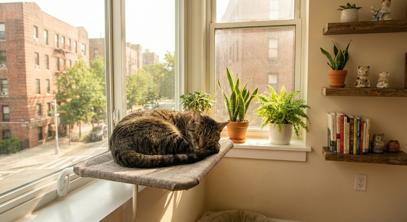 A cat relaxing on a cushioned window perch inside a small apartment
